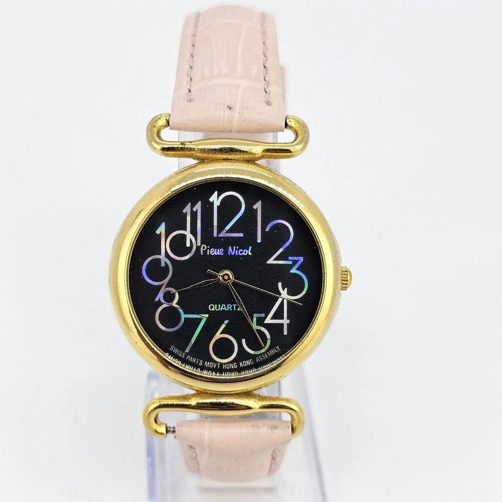 VTG Pierre Nicol Women Watch 32MM Black Dial New Pink Leather Bands New Battery‎